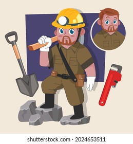 gold miner gold miner assistant cute 2d character ready for animation complete with job tools