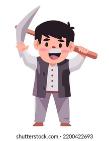 Gold miner digger labor holding pick axe kids boys wearing miner clothes 