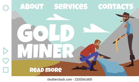 Gold miner or pitman website banner template, flat vector illustration. Gold extraction and golden fever concept of website banner interface with miners.