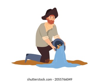 Gold miner washes gold out of rock, flat vector illustration isolated on white background. Vintage character of prospector in search of golden nuggets.