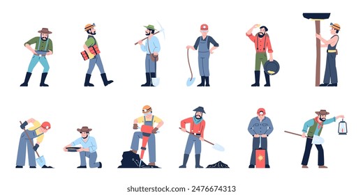 Gold miners characters. Men launder golden, sift and look for jewelry. Diggers and professional miner with equipment for work in mine, recent vector set