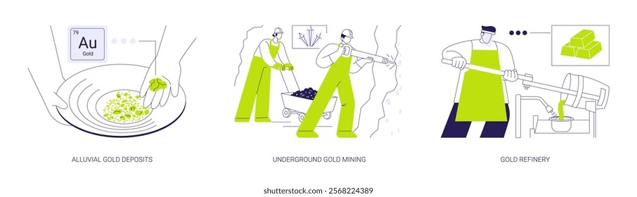 Gold mining abstract concept vector illustration set. Alluvial gold deposits, underground mining tunnels, molten precious metals refinery in hot furnace, gold discovery in river abstract metaphor.