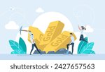 Gold mining. Concept of business profit, wealth, luxury, success, money. Miner characters working on quarry digging soil with shovel extracting gold ingots. Vector Illustration