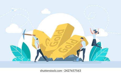 Minería de oro. Concepto de beneficio empresarial, riqueza, lujo, éxito, dinero. Personajes mineros trabajando en tierra de excavación de canteras con palas extrayendo lingotes de oro. Ilustración vectorial