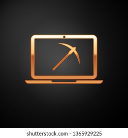 Gold Mining concept with laptop and pickaxe icon isolated on black background. Blockchain technology, cryptocurrency mining, digital money market. Vector Illustration