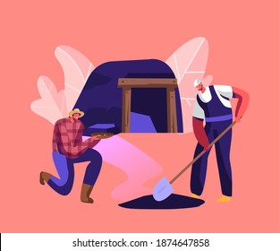 Gold Mining Concept. Miner Characters in Working Robe and Helmet Work on Quarry with Tools Digging Soil with Shovel Extracting Golden Ingots front of Quarry Enter. Cartoon People Vector Illustration