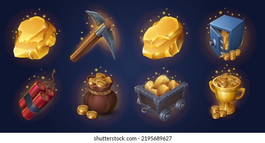 Gold mining game props collection isolated on background. Set of cartoon dynamite, pickaxe, sparkling coins in sack, cart with precious metal, safe and cup full of money. Vector ui design elements