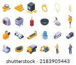 Gold mining icons set isometric vector. Golden mine. Miner coal