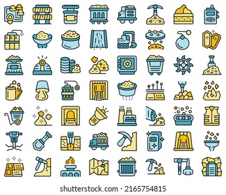 Gold mining icons set outline vector. Mine golden. Ore miner thin line color flat on white