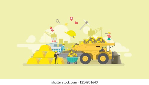 Gold Mining Industry Activity Tiny People Character Concept Vector Illustration, Suitable For Wallpaper, Banner, Background, Card, Book Illustration, And Web Landing Page