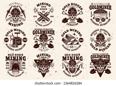 Gold mining industry and resource extraction set of vintage emblems, badges, labels or logos vector illustration isolated on textured light background
