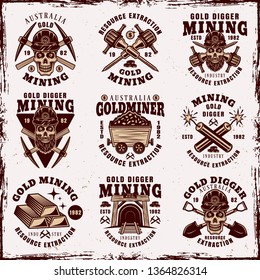 Gold mining industry and resource extraction set of nine vintage emblems, badges, labels or logos vector illustration isolated on background with removable grunge textures