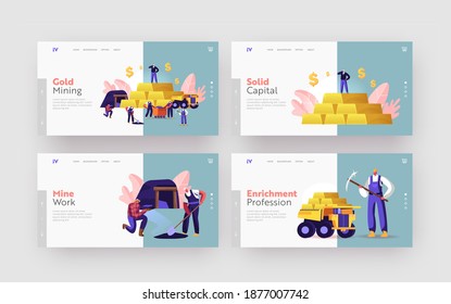 Gold Mining Landing Page Template Set. Miner Characters Working on Quarry, Transport and Technique. Extraction Industry, Work Equipment or Transportation for Quarry. Cartoon People Vector Illustration