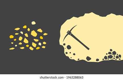Gold mining. Pickaxe digging for nugget mineral from hard rock.
