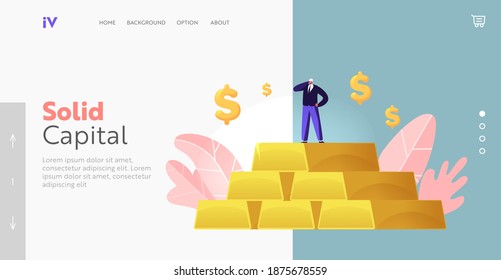 Gold Mining in Quarry Landing Page Template. Miner Character Wearing Helmet Stand on Huge Pile of Golden Bars with Dollar Signs around. Extraction Industry and Working. Cartoon Vector Illustration