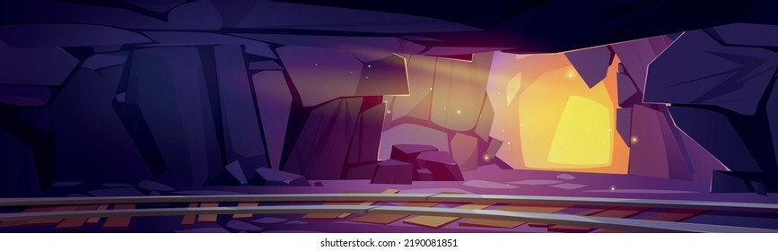 Gold Mining Rail In Mountain Treasure Cave, Cartoon Illustration. Vector Image Of Mysterious Underground Stone Tunnel Shining With Yellow Light And Sparkles. Background For Adventure Computer Game