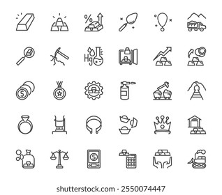 Gold and mining related thin line icon set on transparent background, wealth and mineral concept, 48x48 pixel perfect icon editable stroke line for website, mobile app, ux, ui, media design