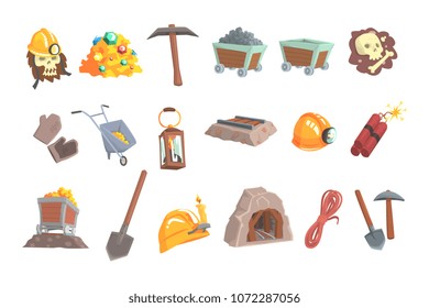 Gold Mining, Set For Label Design. Mining Equipment, Wild West. Colorful Cartoon Detailed Vector Illustrations