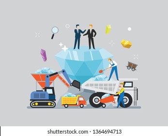 Gold mining with tiny people illustration. Wealth, prosperity, finance and golden technology illustration. Suitable for hero image, poster, and educational purpose.