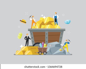 Gold Mining With Tiny People Illustration. Wealth, Prosperity, Finance And Golden Technology Illustration. Suitable For Hero Image, Poster, And Educational Purpose.