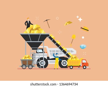 Gold mining with tiny people illustration. Wealth, prosperity, finance and golden technology illustration. Suitable for hero image, poster, and educational purpose.