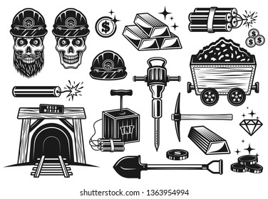 Gold mining and treasure digging set of vector objects or design elements in vintage monochrome style isolated on white background