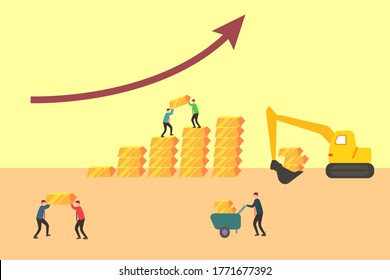 Gold mining vector concept: Group of people mining gold with the upward arrow showing the increasing price of gold
