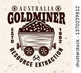Gold mining vector emblem, badge, label or logo with full rail trolley of valuable minerals in vintage style on background with grunge texture