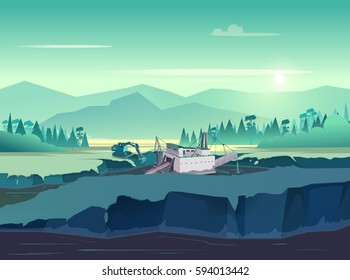 Gold mining vintage illustration. Wild nature at sunset. vector illustration for your application