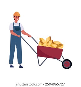 Gold Mining Worker Carrying Nuggets in Wheelbarrow