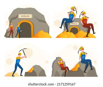 GOLD Mining Worker Miner Labor People. Mining Extraction Of Minerals In The Mine And Surface. Cartoon Vector Illustration 