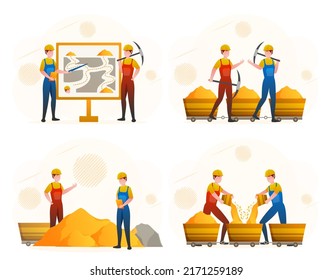 GOLD Mining Worker Miner Labor People. Mining Extraction Of Minerals In The Mine And Surface. Cartoon Vector Illustration 