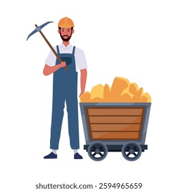 Gold Mining Worker Pushing Cart of Nuggets Extraction