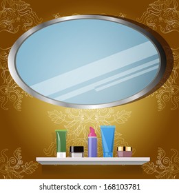 Gold. Mirror and cosmetics. Vector illustrations. 