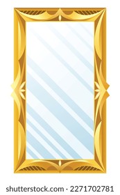 Gold mirror. Decorative vintage wall mirror, old fashion decor mirrored frame. Reflective mirror surface in golden frame. Fashioned rectangular ornate interior object, vector illustration