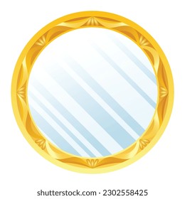 Gold mirror. Decorative vintage wall mirror, old fashion decor mirrored frame. Reflective mirror surface in golden frame. Fashioned round ornate interior object, vector illustration