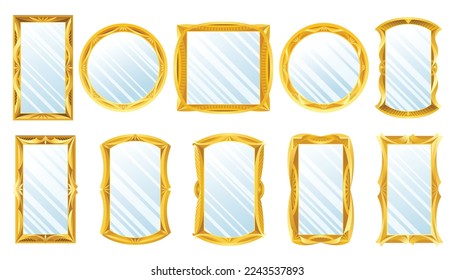 Gold mirror set. Decorative vintage wall mirrors, old fashion decor mirrored frames. Reflective mirror surface in golden frame. Fashioned square and round ornate interior objects, vector illustration