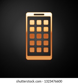 Gold Mobile Apps icon isolated on black background. Smartphone with screen icons, applications. mobile phone showing screen. Vector Illustration