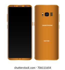 Gold mobile phone concept, front view and backside with camera, flash and speaker on a white background. Smartphone with camera buttons, power and volume. Vector realistic high detailed illustration.