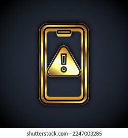 Gold Mobile phone with exclamation mark icon isolated on black background. Alert message smartphone notification.  Vector