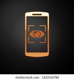 Gold Mobile phone and eye scan icon isolated on black background. Scanning eye. Security check symbol. Cyber eye sign. Vector Illustration