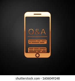 Gold Mobile phone with Question and Exclamation icon isolated on black background. Frequently asked questions.  Vector Illustration