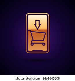 Gold Mobile phone and shopping cart icon isolated on dark blue background. Online buying symbol. Supermarket basket symbol.  Vector Illustration