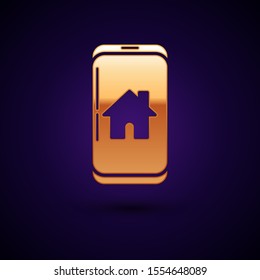 Gold Mobile phone with smart home icon isolated on dark blue background. Remote control.  Vector Illustration