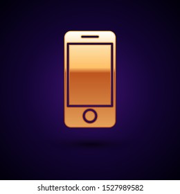 Gold Mobile smart phone with app delivery tracking icon isolated on dark blue background. Parcel tracking.  Vector Illustration