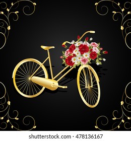 Gold model of a bicycle with a basket full of flowers. Vector illustration on black background.