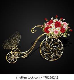 Gold model of an old bicycle with a basket full of flowers. Vector illustration on black background.