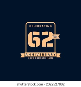 Gold modern 62 year anniversary logo. birthday. Celebration. Celebrating. element. Tape