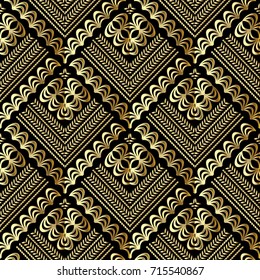 Gold modern geometric seamless pattern. Vector abstract striped black background wallpaper with zigzag lines, decorative shapes, figures and elegant geometrical ornaments. Luxury texture for fabric