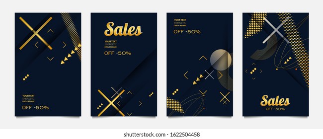 Gold modern geometric trend abstract set sale. Gold elements on a lines dark background